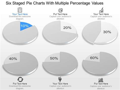 Pp Six Staged Pie Charts With Multiple Percentage Values Powerpoint Template Powerpoint Slides