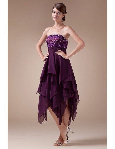 A Line Strapless Asymmetrical Chiffon Prom Dress With Beading Op4526