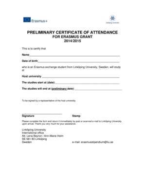 Fillable Online Preliminary Certificate Of Attendance For Erasmus