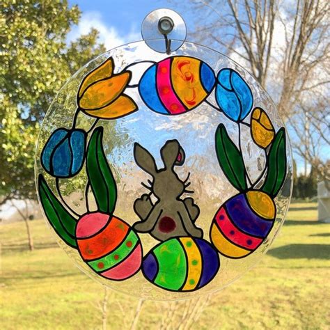 Easter Suncatcher Easter Egg And Bunny Faux Stained Glass Easter Window Decorations Colorful