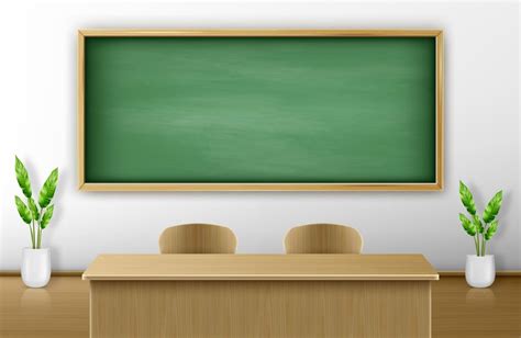 Classroom With Green Blackboard On Wall And Table Vector Art