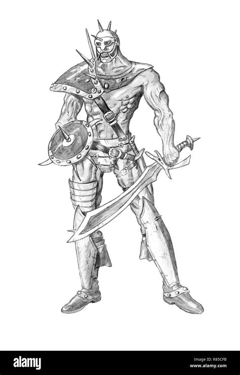 Black Pencil Drawing of Barbarian Warrior With Sword and Shield Stock ...