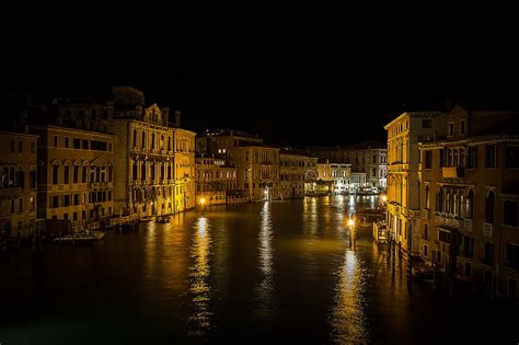 Buildings Houses Canal Venice Lights Reflection Night Hd