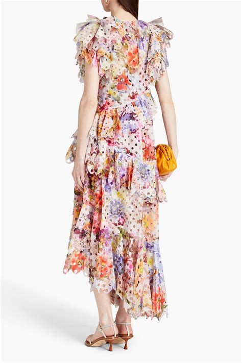 ZIMMERMANN Asymmetric Ruffled Laser Cut Floral Print Crepe Dress THE