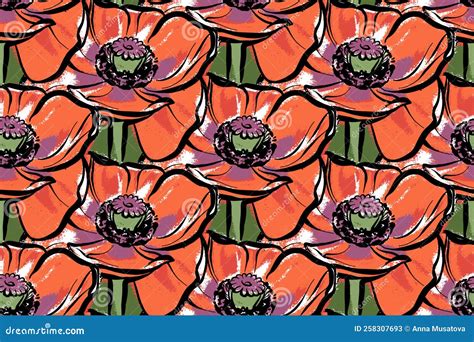 Seamless Pattern Bright Red Poppies Flowers Digital Paper Endless