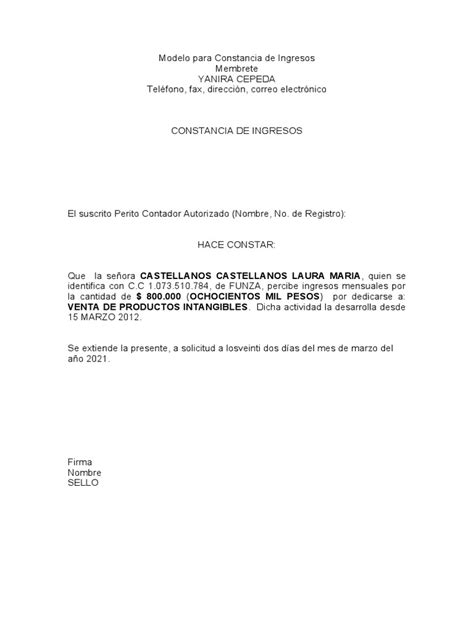 Modelo Carta De Ingresos Pdf