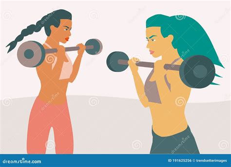 Illustration Of Two Fitness Women Lifting Weight With A Barbell Stock