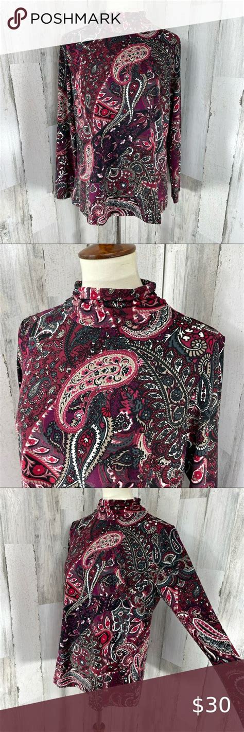 Susan Graver Womens Red Paisley Print Turtle Neck Long Sleeve Blouse