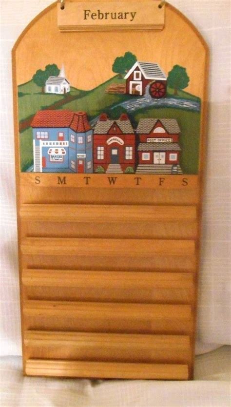 Vtg Lrg Solid Wood Perpetual Wall Calendar Painted Scene Country Scene