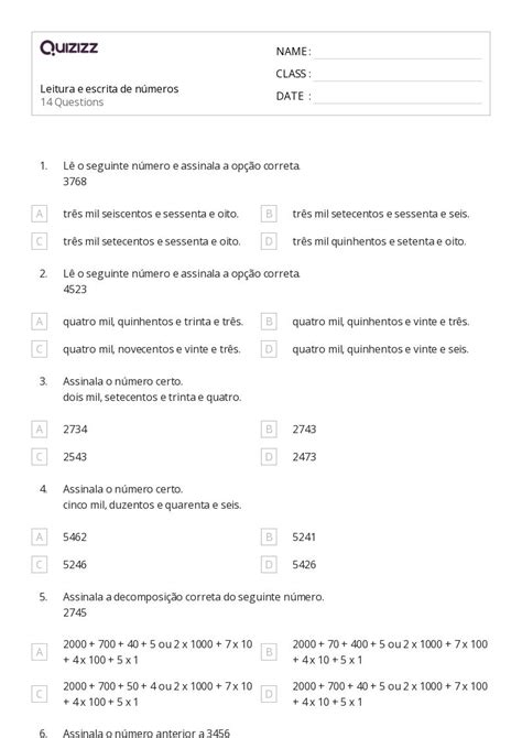 Composição E Decomposição De Números Imprimível 3ª Série Planilhas Quizizz