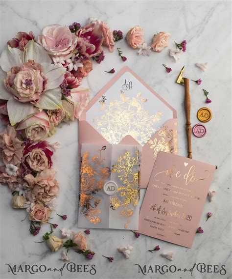 Luxury Vellum Gold Foil Wedding Invitations Elegant Blush Pink Wedding