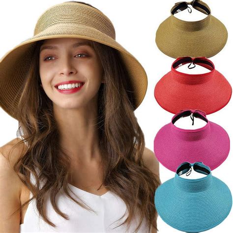 Sun Visor Hats For Women Wide Brim Straw Roll Up Ponytail Summer Beach