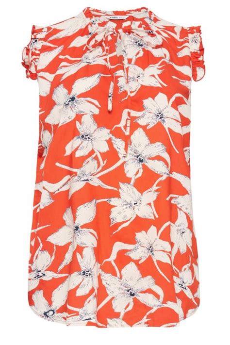 Yours Plus Size Orange Floral Print Frill Neck Top Yours Clothing