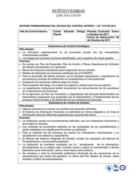 Informe Pormenorizado Del Estado Del Control Interno Ley 1474 De 2011