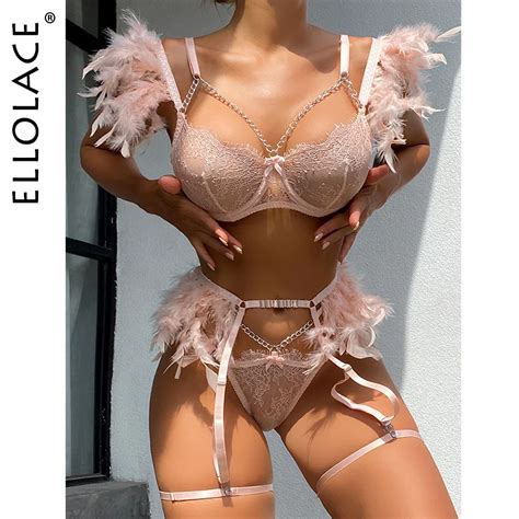 Lingerie Ellolace Feather Para Mulheres Roupa Interior Porn Sexy Suti