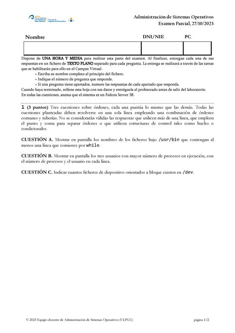 Enunciado Primer Parcial Administraci N De Sistemas Operativos Examen