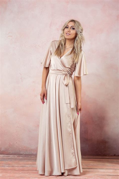 Champagne Wrap Dress Flutter Sleeve Long Dress Silk Maxi Etsy