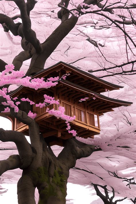 Cherry Blossom Tree House Graphic · Creative Fabrica