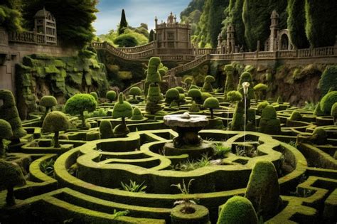 Premium Photo | An intricate maze garden with topiary and fountains