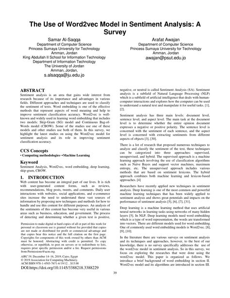 Pdf The Use Of Word2vec Model In Sentiment Analysis A Survey