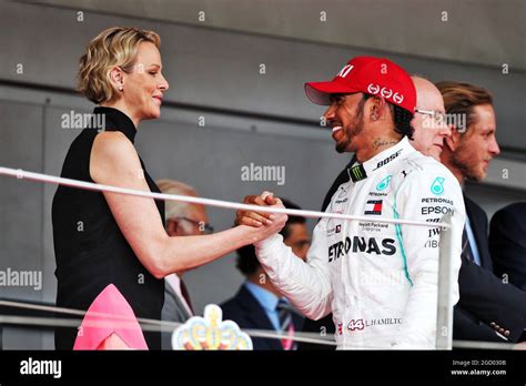 Princess Charlene Of Monaco On Podium Race Winner Lewis Hamilton Hi Res