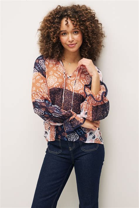 Buy Navy Blue Patch Print Long Sleeve V Neck Sheer Blouse With Lace