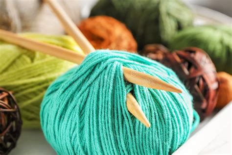 Ball Of Knitting Yarn With Needles Closeup Stock Image Image Of