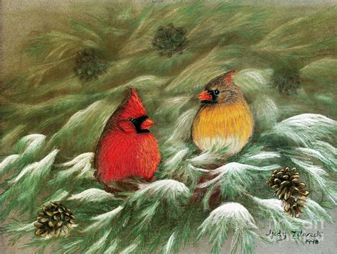 Cardinals In Winter Male And Female Cardinals Painting By Judy Filarecki