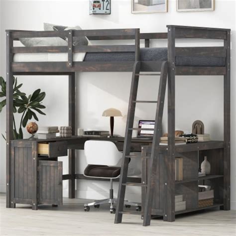 Simplie Fun Full Size Loft Bed With U Shaped Desk Drawers And Storage Shelves Antique Brown 1