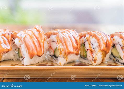 Salmon Burned Maki With Teriyaki Sauce Stock Photo Image Of Japan