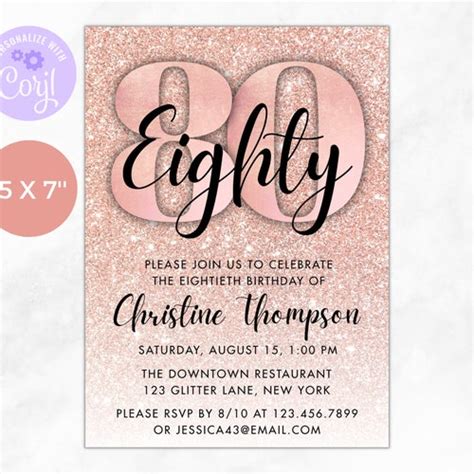 80th Birthday Invitation Rose Gold Editable Birthday Etsy