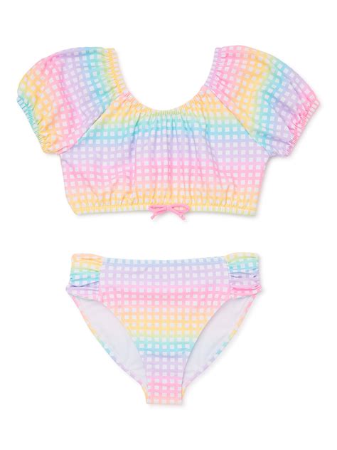 Bmagical Girls Puff Sleeve 2 Piece Bikini Swimsuit With Sunglasses 50 UPF Sizes 4 12
