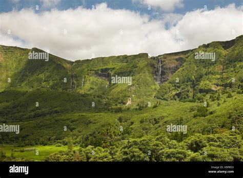 Azores Landscape With Waterfalls And Cliffs In Flores Island Portugal