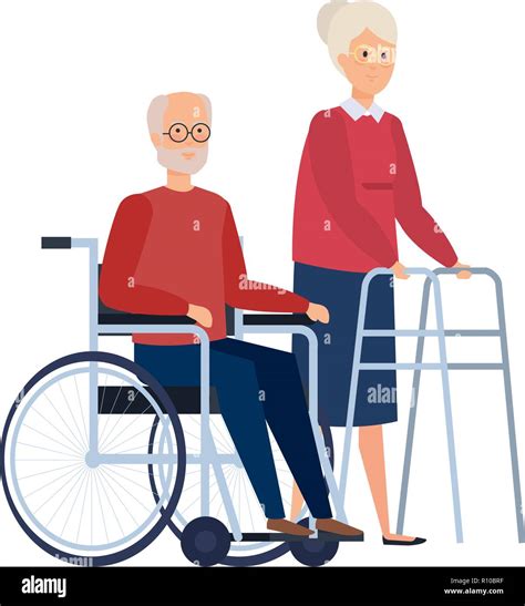 Old Woman With Walker And Old Man In Wheelchair Vector Illustration