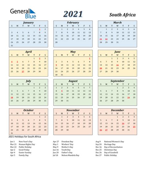 2021 South Africa Calendar With Holidays