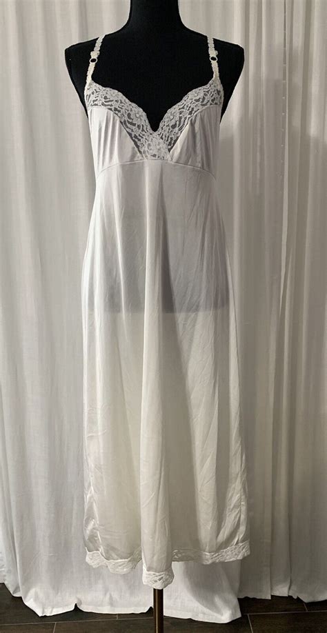 Vintage Lace Straps Sz Slip Sheer Shiny Nightgown Lingerie Nylon Cream A Ebay