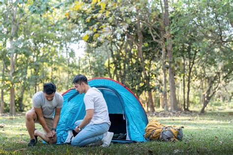 Male Gay Couple Asian Traveling With Tent Camping Outdoor And Various Adventure Lifestyle Hiking