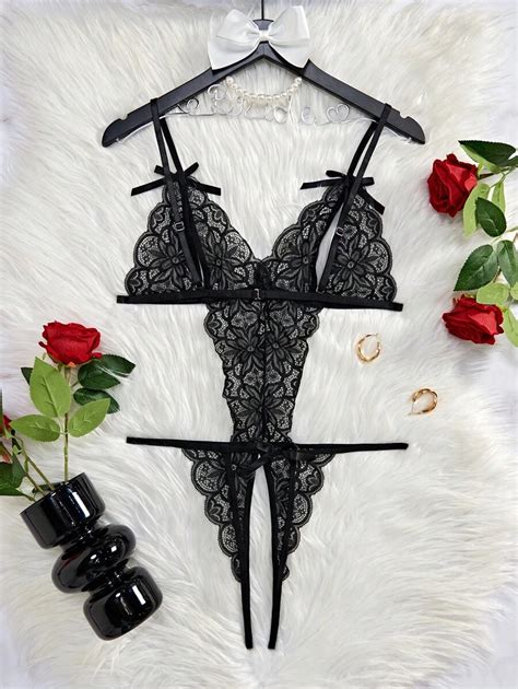 1pc Women Plus Size Sexy Lingerie Open Crotch Design Deep V Neck Lace Jumpsuit Tempting Look