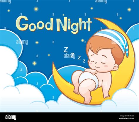 Vector Illustration of Cartoon Cute Baby Sleeping on the moon with Good ...