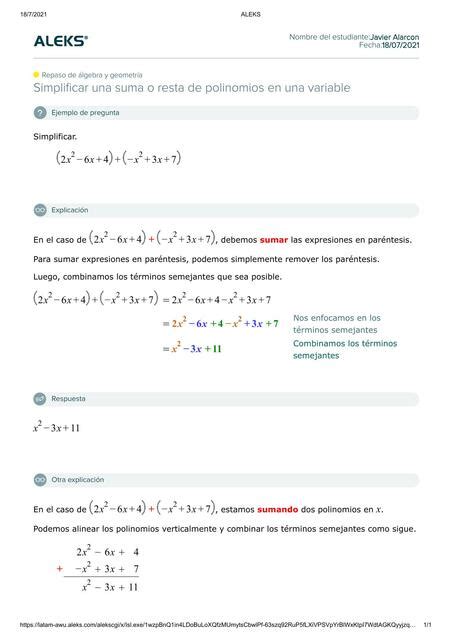 Simplificar Una Suma O Resta De Polinomios En Una Variable Alarcon