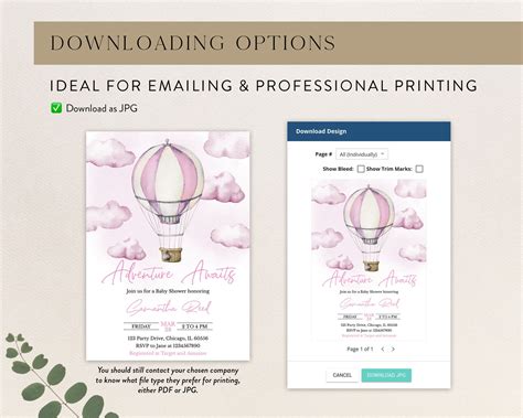 Editable Adventure Awaits Baby Shower Invitation Pink Hot Air Balloon