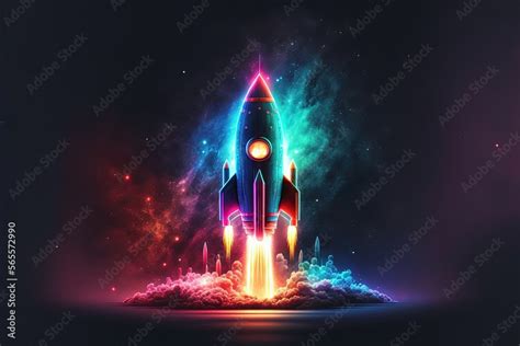 Photo And Art Print Illustration Of Rocket Taking Off Startup Concept Background With Neon