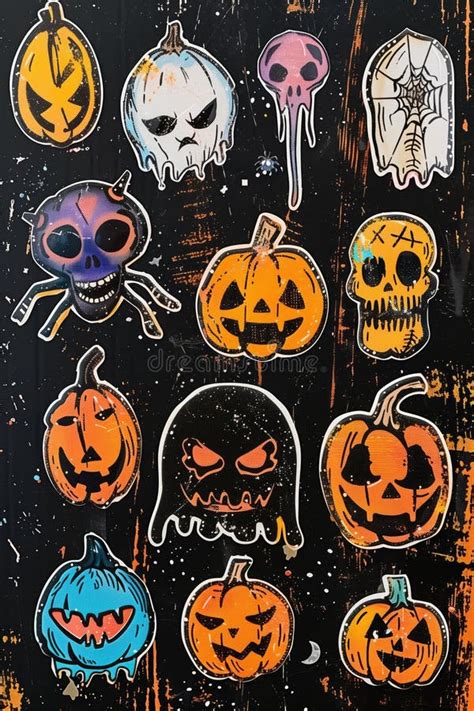 Cute Creepy Halloween Sticker Pack Design Scary Pumpkins Black Cats