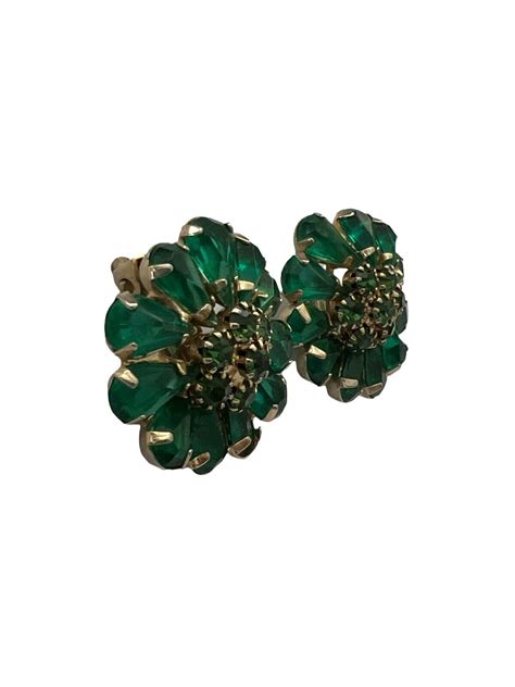 Signed Weiss Vintage Emerald Green Rhinestone Flower Gem