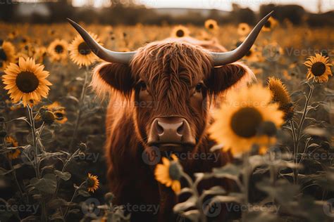 Tierras Altas Vaca Cara Con Muchos Varios Girasoles Ai Generado