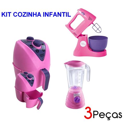 Kit Cozinha Infantil 3 Brinquedos Airfryer Batedeira Liquidificador