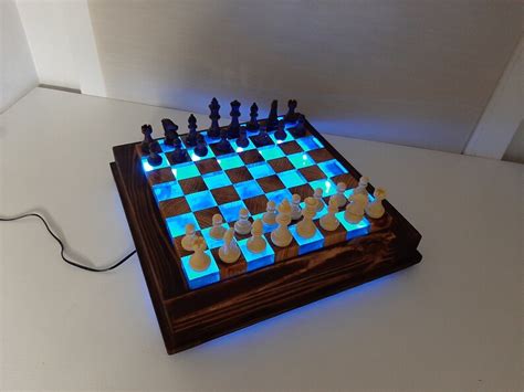 Floating Chess From Wood And Epoxy Resin With Led Etsy