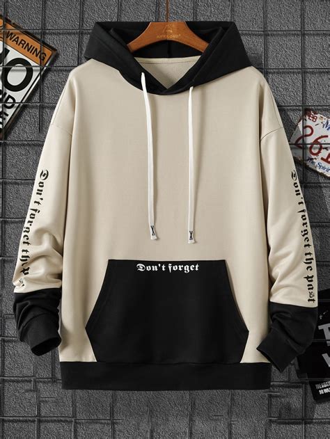 Men Slogan Graphic Colorblock Drop Shoulder Drawstring Hoodie Stylish Hoodies Hoodies Men