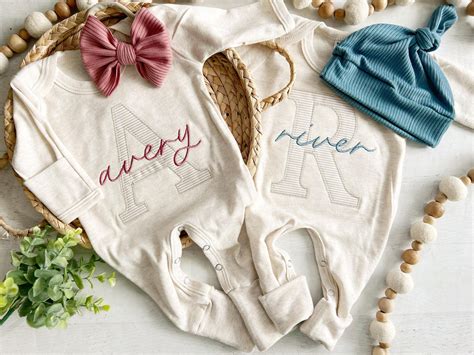 Personalized Twin Outfit | Oatmeal Romper Beige Stripe Pink Blue Baby ...