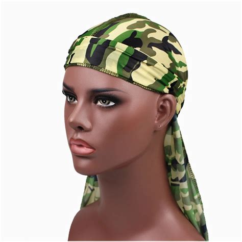 Sparkly Shiny Silky Long Tail Durag Camo Cap Men Colorful Durags Hat